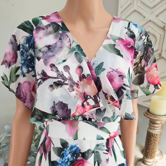 Maggy London White Floral Capelet Sleeves Flowy Chiffon VNeck Midi Dress - Picture 5 of 10